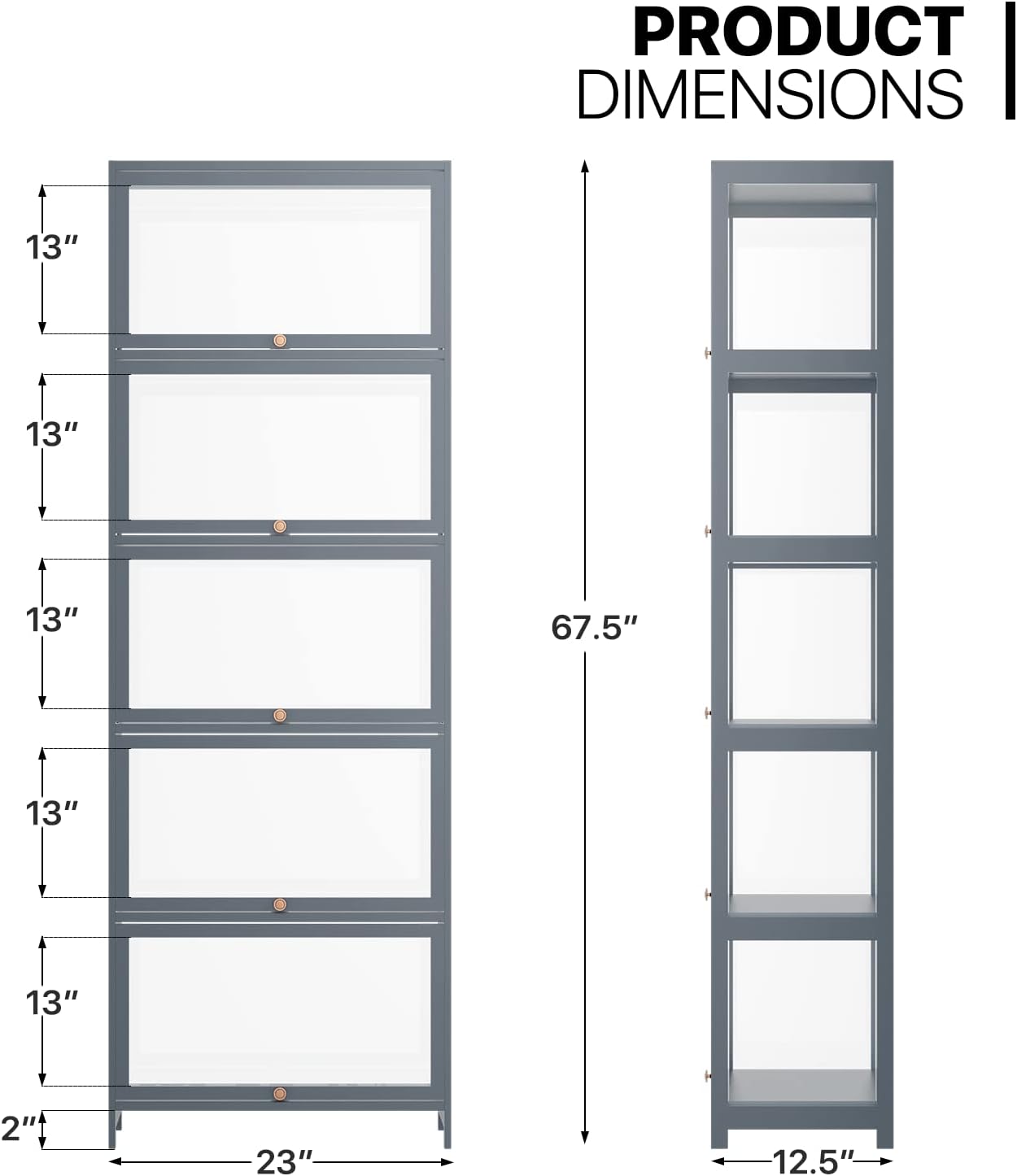 MoNiBloom 5-Tier Clear Display Case for Figures, 65.5' High Showcase Display Cabinet with Flip Acrylic Doors, Bamboo Tall Liquor Storage Cabinet Floor Standing Transparent Showcase for Entryway, Grey