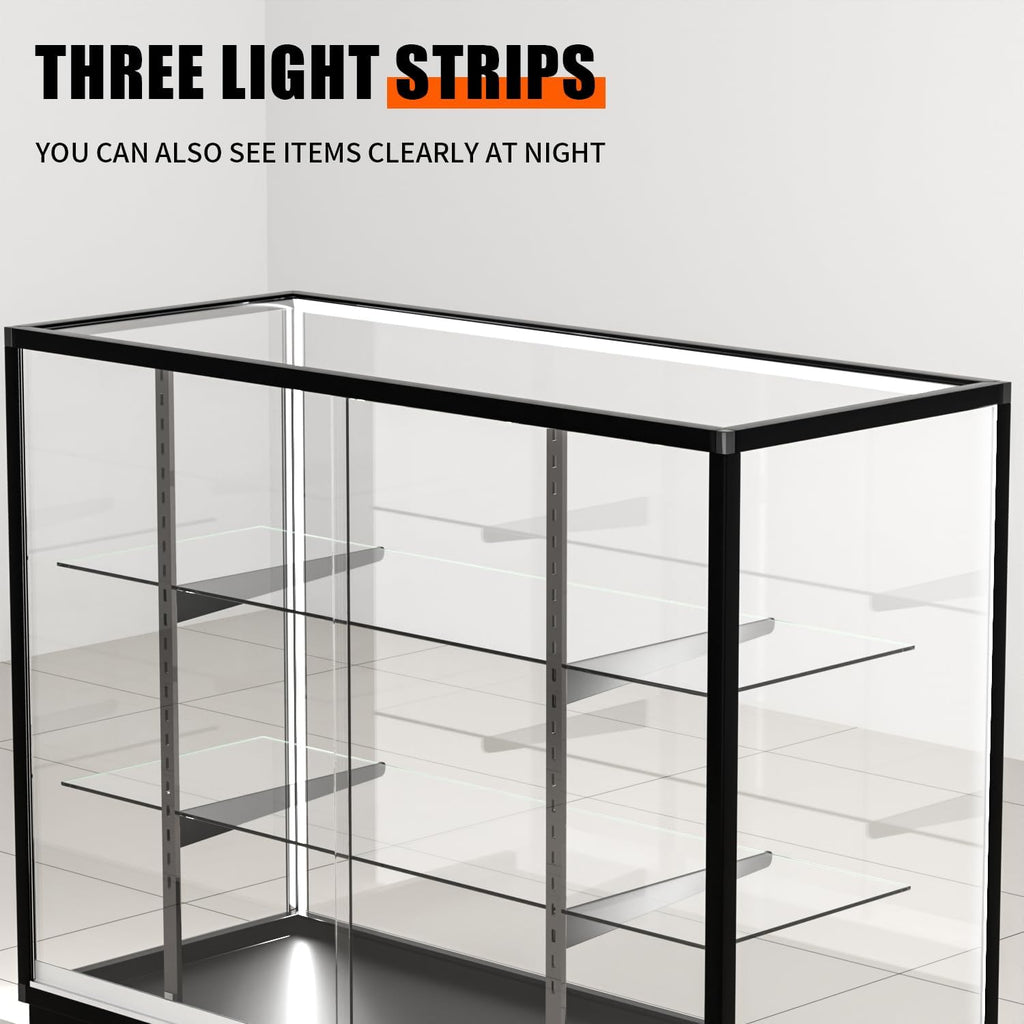 48'D * 20'W * 38'H - Retail Full Vision Showcase - Glass Display Cabinet with Black Aluminum Frame and led Lights