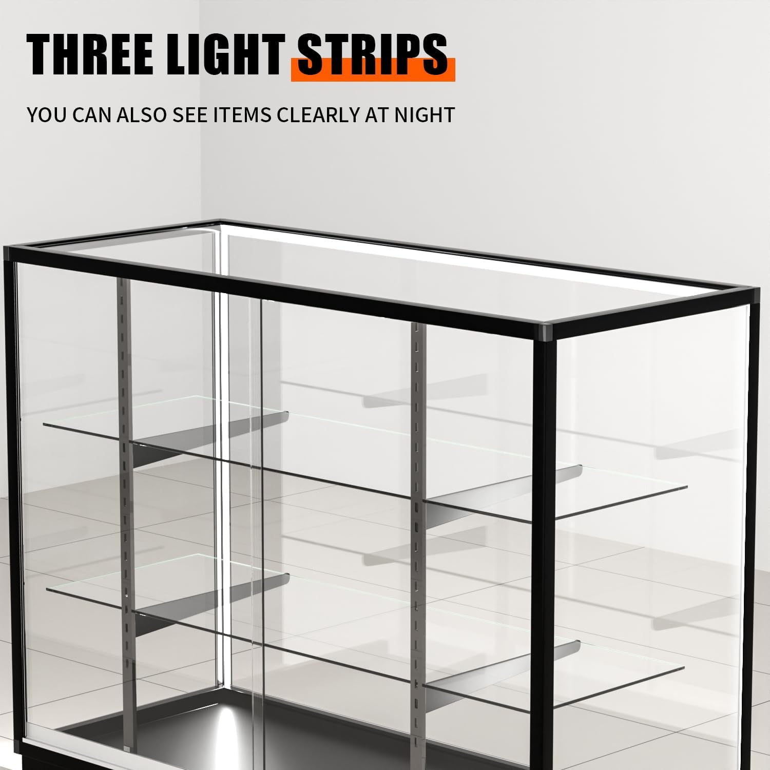 70'D * 20'W * 38'H - Retail Full Vision Showcase - Glass Display Cabinet with Black Aluminum Frame and led Lights