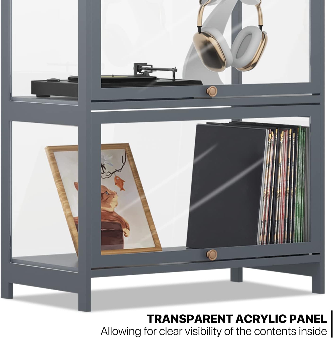 MoNiBloom 5-Tier Clear Display Case for Figures, 65.5' High Showcase Display Cabinet with Flip Acrylic Doors, Bamboo Tall Liquor Storage Cabinet Floor Standing Transparent Showcase for Entryway, Grey