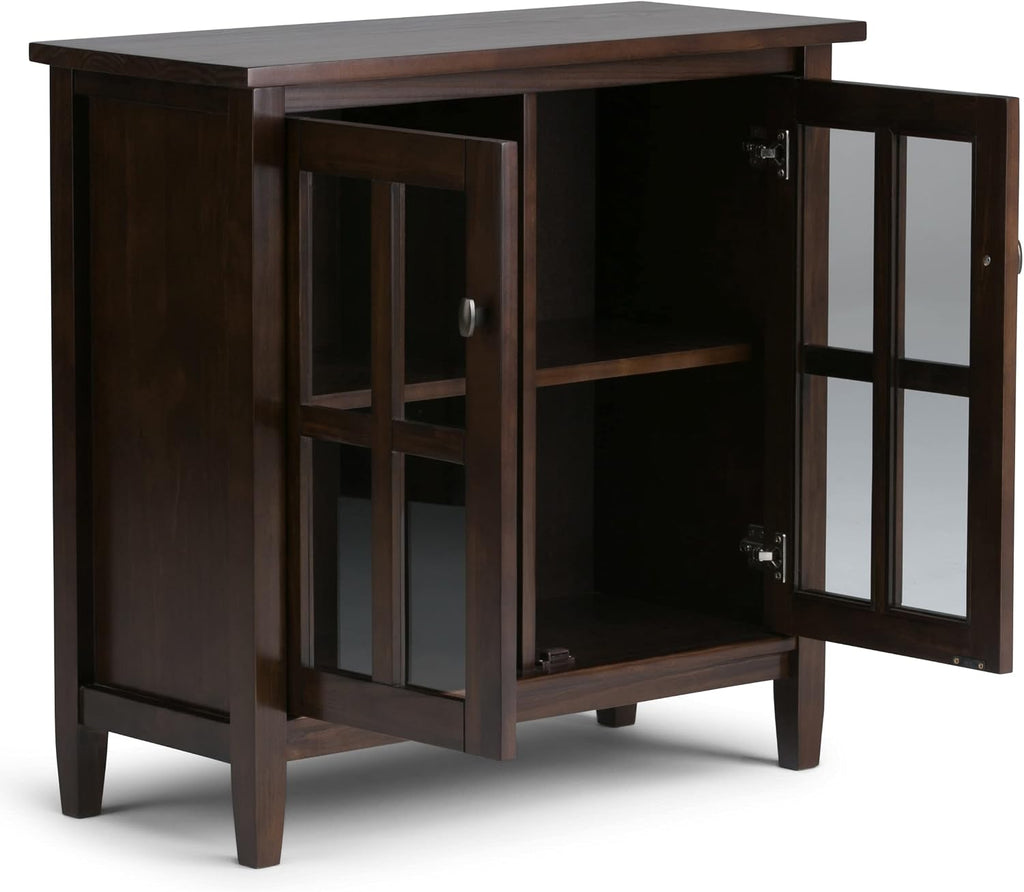 SIMPLIHOME Warm Shaker Storage Cabinet - 32 inch Wide Solid Wood 2-Shelf Low Storage Cabinet in Tobacco Brown, Transitional Accent Cabinet for Entryway with Tempered Glass Doors and Shelves
