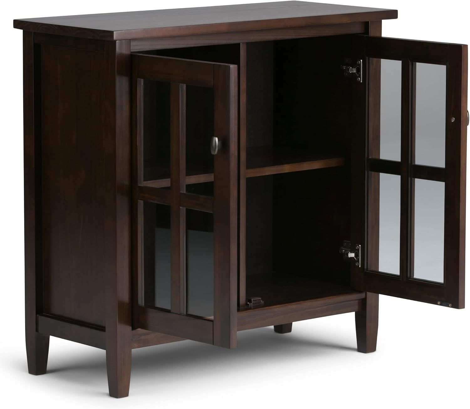 SIMPLIHOME Warm Shaker Storage Cabinet - 32 inch Wide Solid Wood 2-Shelf Low Storage Cabinet in Tobacco Brown, Transitional Accent Cabinet for Entryway with Tempered Glass Doors and Shelves