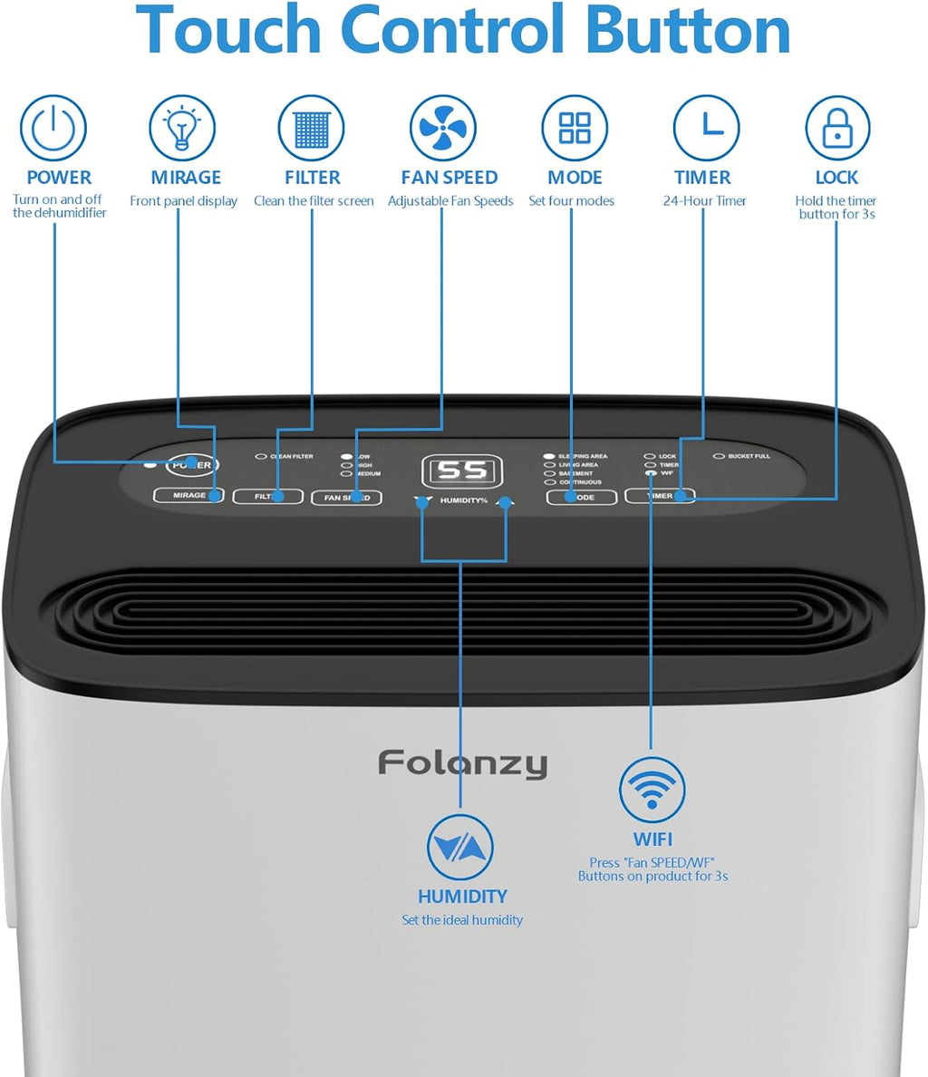 Smart Dehumidifier,Folanzy 80 Pints Dehumidifier for Basement Bedroom Home Garage and Large Room Spaces up to 5,200 Sq. Ft with Drain Hose and Water Tank