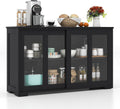 COSTWAY Buffet Sideboard with Storage, 2-Door Floor Cupboard with Sliding Tempered Glass Cabinet & Adjustable Shelf, Stackable Storage Cabinet for Kitchen, Entryway (Black)