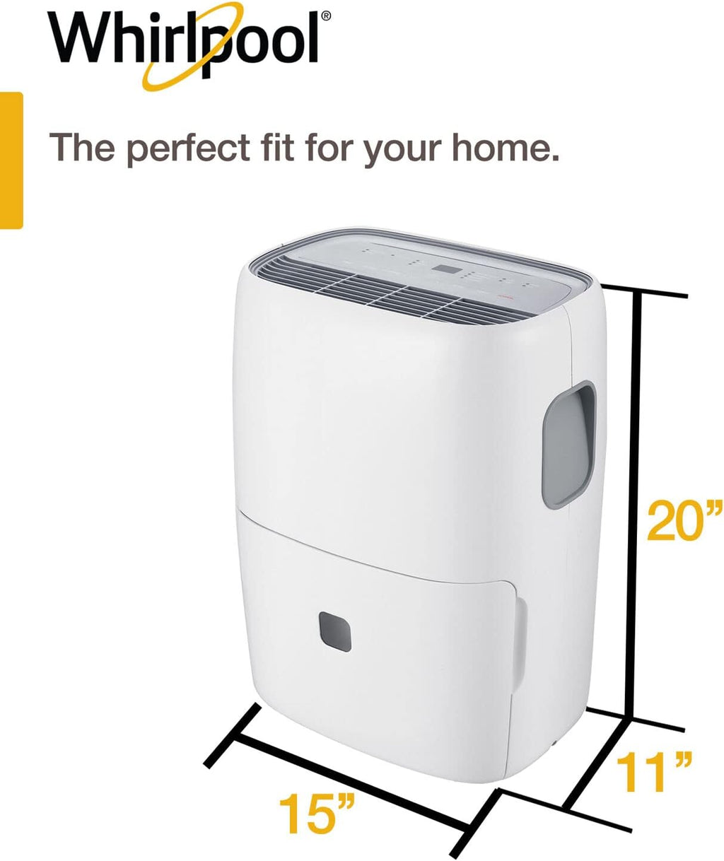 Whirlpool 20-Pint Portable Dehumidifier with Auto-Shutoff & Timer, Home Dehumidifier and Moisture Absorber For Basement, Garage, Living Room in White