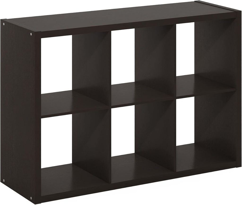 Furinno Cubicle Book Shelf, 6-Cube Bookshelf, Extra Thick Frame Horizontally & Vertically Reversible Bookcase with Open Back, 14.6' x 44' x 30', for Living Room, Bedroom, Home Office, Black Dark Oak