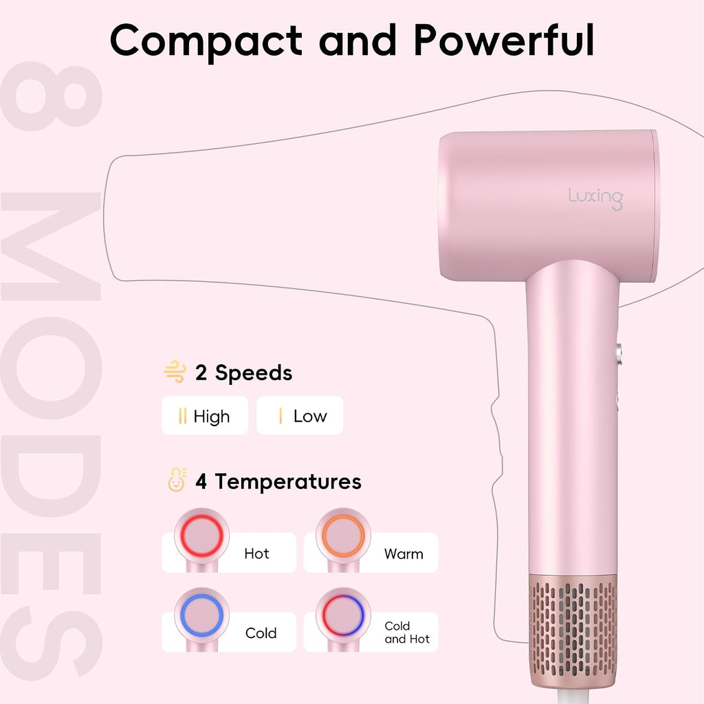 Hair Dryer, TurboLux Ionic 200 Million Negative Ions 1500W Fast Drying High Speed Hairdryer with Diffuser, Lightweight, Low Noise Hair Dryers for Women with 110000 RPM Brushless Motor (Pink)