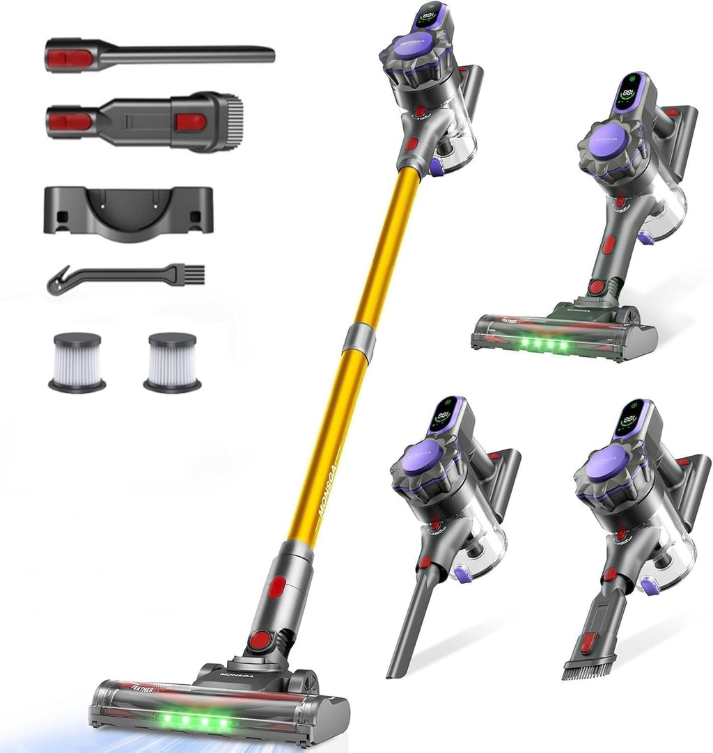 MONSGA Cordless Vacuum Cleaner, 45KPa 400W Stick Vacuum for Home, 50Mins Anti-Tangled Vacuum Cleaner with Charging Dock, Light-Weighted Handheld Vacuum for Pet Hair/Carpet/Floor, LED Touch Display