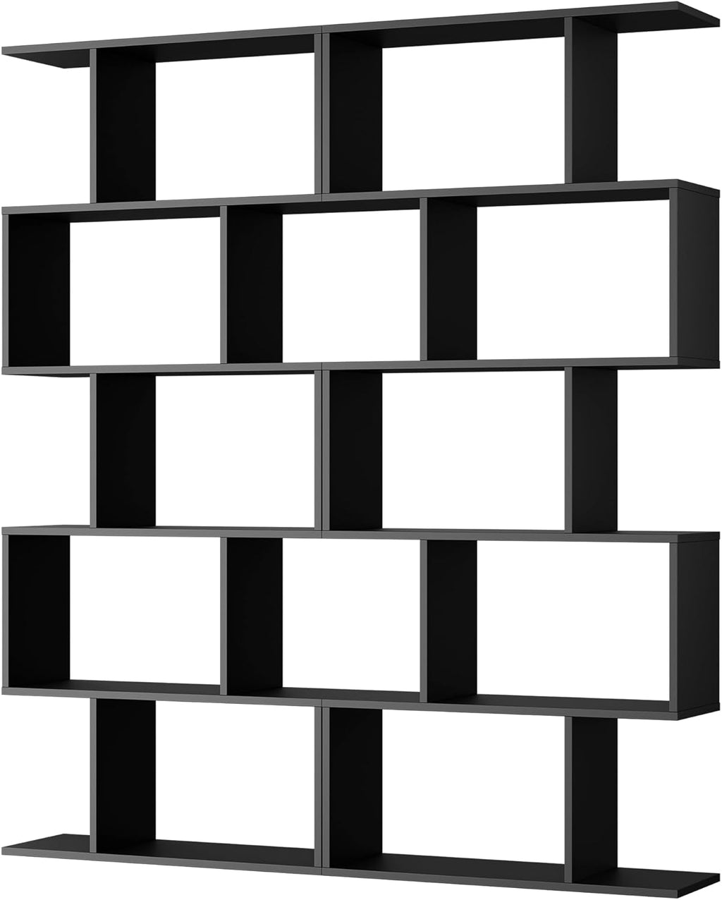Cozy Castle Set of 2 Geometric Bookcase, S-Shaped Modern Bookshelf, Room Divider Bookshelf, 62' Tall Unique Abstract Bookcase with 5-Tier Display Shelf for Living Room Office, Black