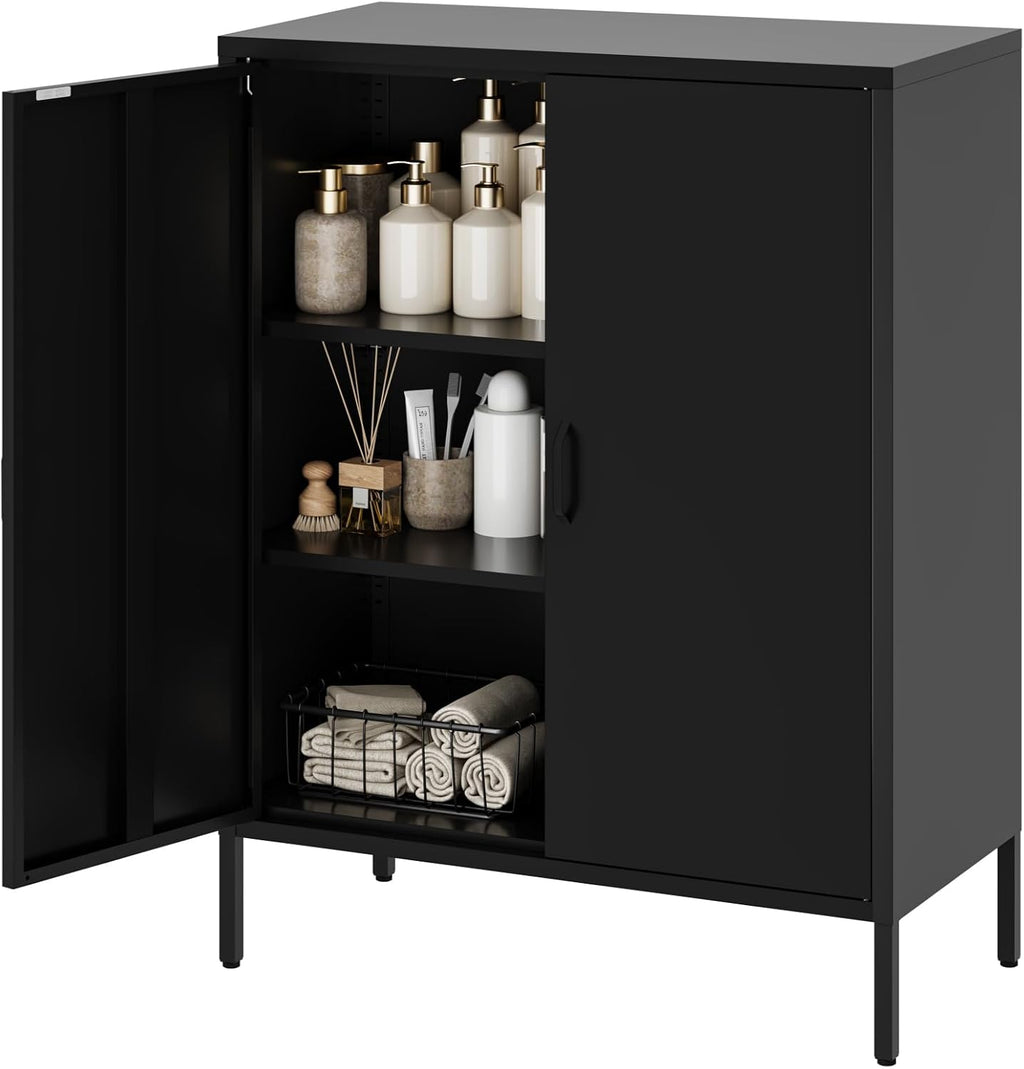 YAUWOH Metal Locker Storage Cabinet with 2 Doors and 4 Shelves，39.96' Tall Steel Office Cabinet,Bathroom Floor Locker，for Office,Home,Garage,Gym,School (Black)