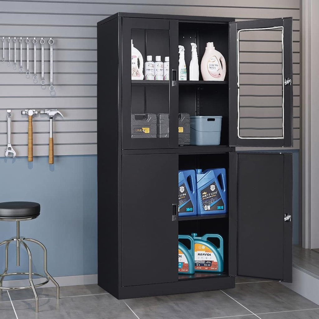 Black Metal Storage Cabinet with Glass Doors, 71' Locking Glass Door Cabinet with 2 Adjustable Shelves, Steel Storage Cabinet with 4 Doors for Home, Living Room, Bathroom