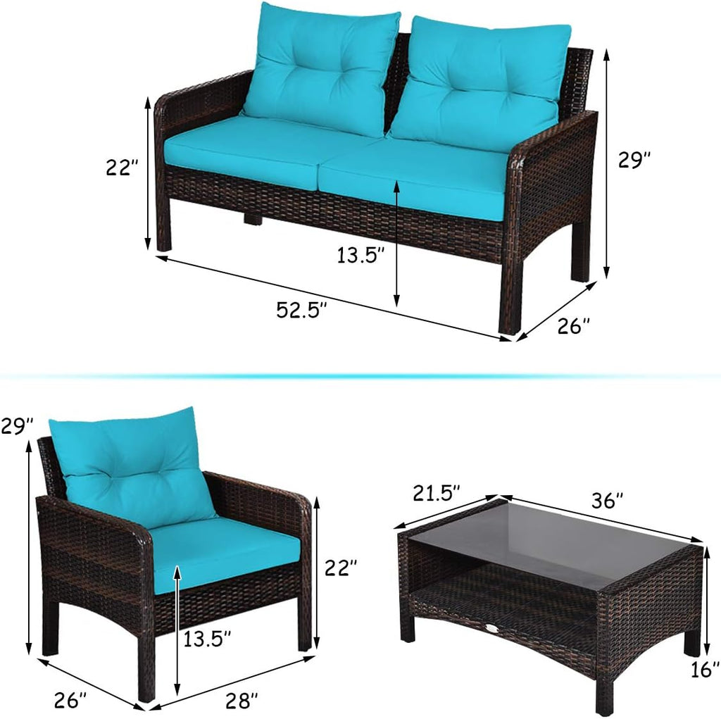 Tangkula 4 Piece Patio Furniture Set, Outdoor Wicker Conversation Set with Glass Top Coffee Table, All Weather Proof and Thick Cushions, Suitable for Porch, Garden, Poolside and Lawn (Turquoise)