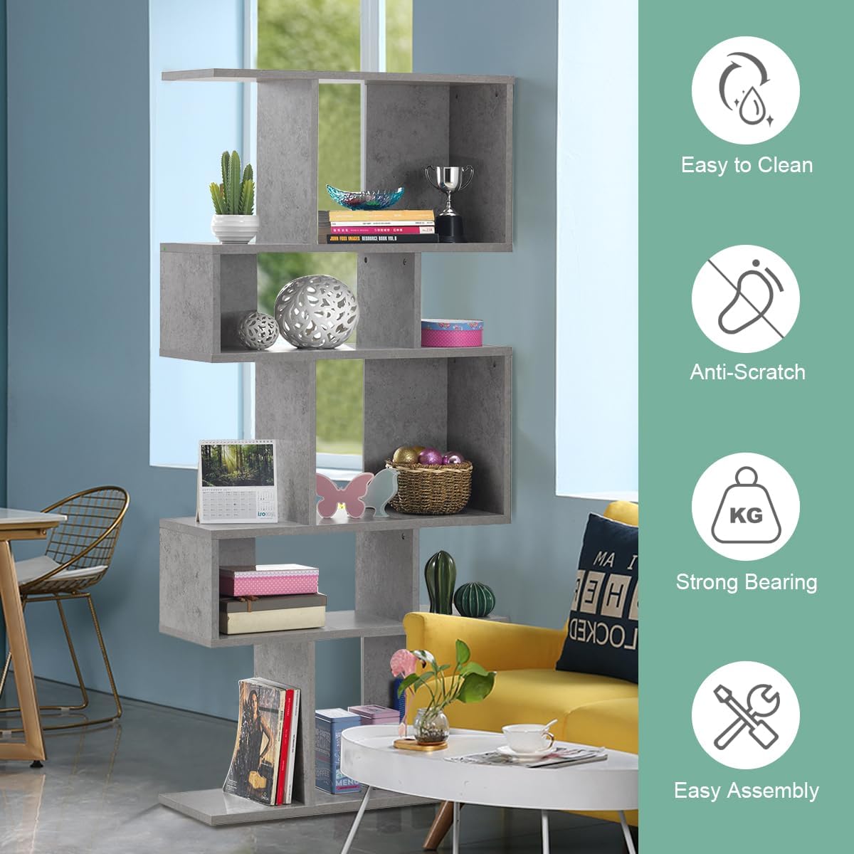 Giantex 5-Tier Geometric Bookshelf Set of 2, 70'' Tall Wood Freestanding Decorative Display Open Shelves with Anti-Tipping Device, Each Shelf Holds up to 44 lbs, Wooden S Shaped Bookcase, Gray