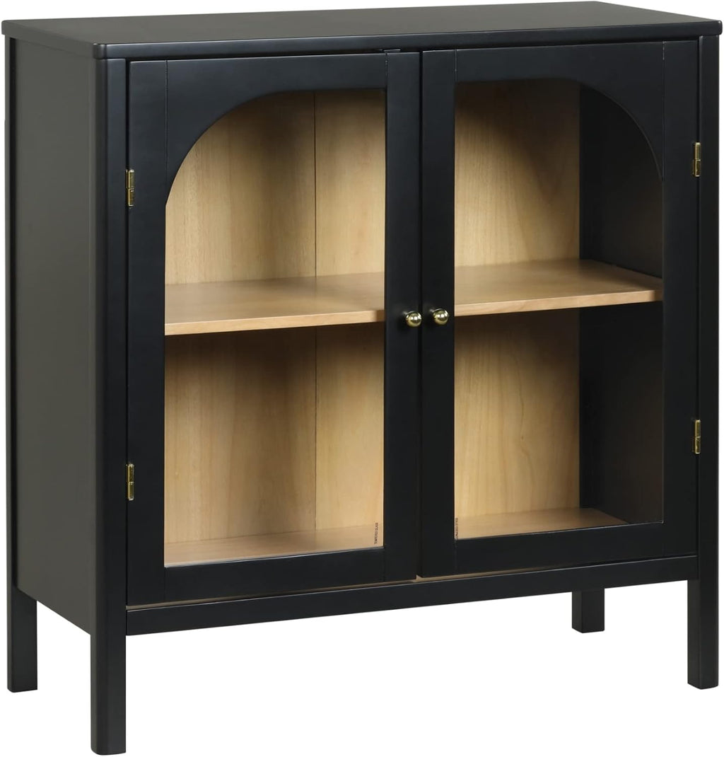Nathan James Mason Storage Cabinet Accent Sideboard Buffet Credenza TV Stand with Glass Doors and Adjustable Shelf in Black Wood for Dining Room, Entryway and Living Room, Clear Glass/Black, Set of 2