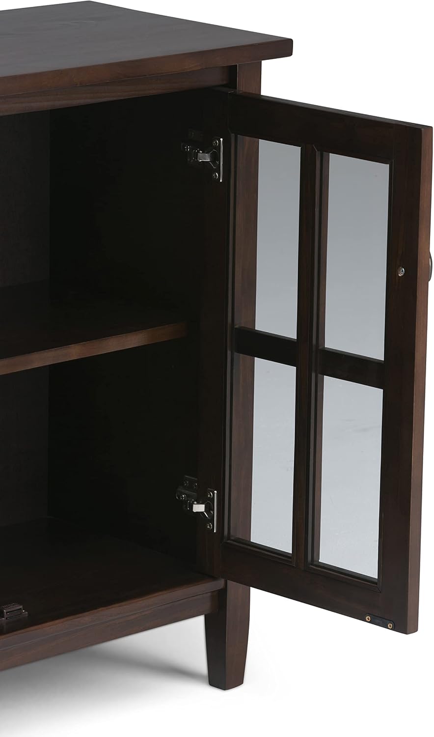 SIMPLIHOME Warm Shaker Storage Cabinet - 32 inch Wide Solid Wood 2-Shelf Low Storage Cabinet in Tobacco Brown, Transitional Accent Cabinet for Entryway with Tempered Glass Doors and Shelves