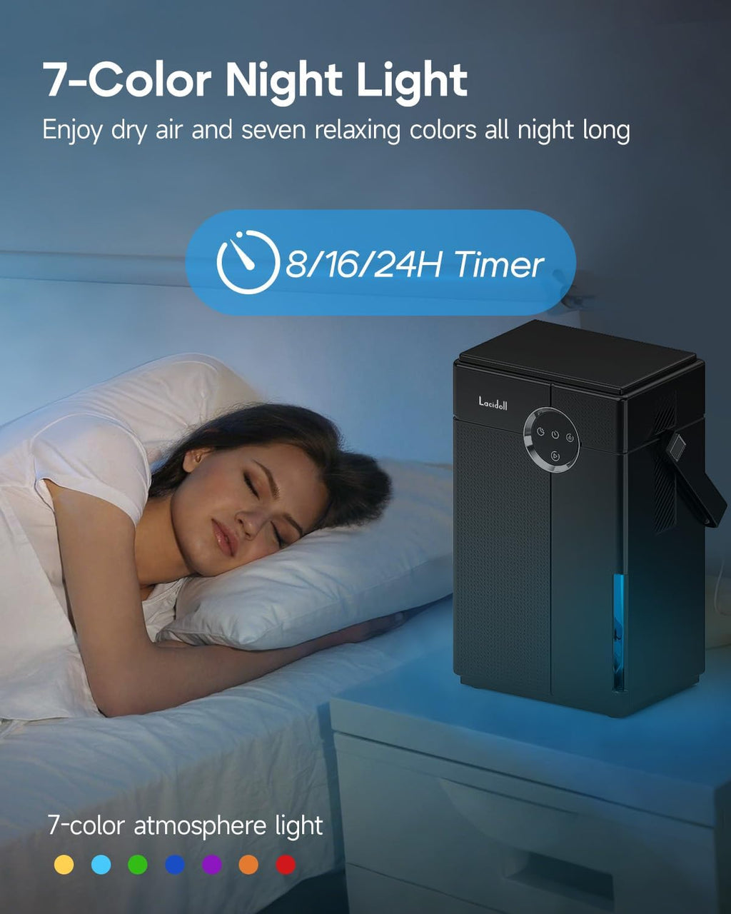 Lacidoll Small Dehumidifier with Drain Hose, Portable Dehumidifier for Bathroom, 118oz Dehumidifiers for Home 800 sq ft with 7 Colorful Light, Quiet Dehumidifiers for Bedroom RV Closet Basement, Black