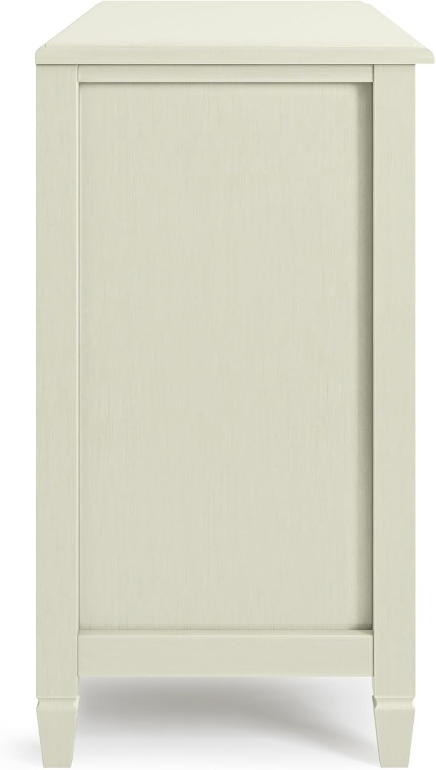 SIMPLIHOME Connaught Storage Cabinet - 46 inch Wide Solid Wood Low Storage Cabinet in Antique White, Traditional Console for Living Room, Entryway, or Dining Room with Glass Doors and Shelves