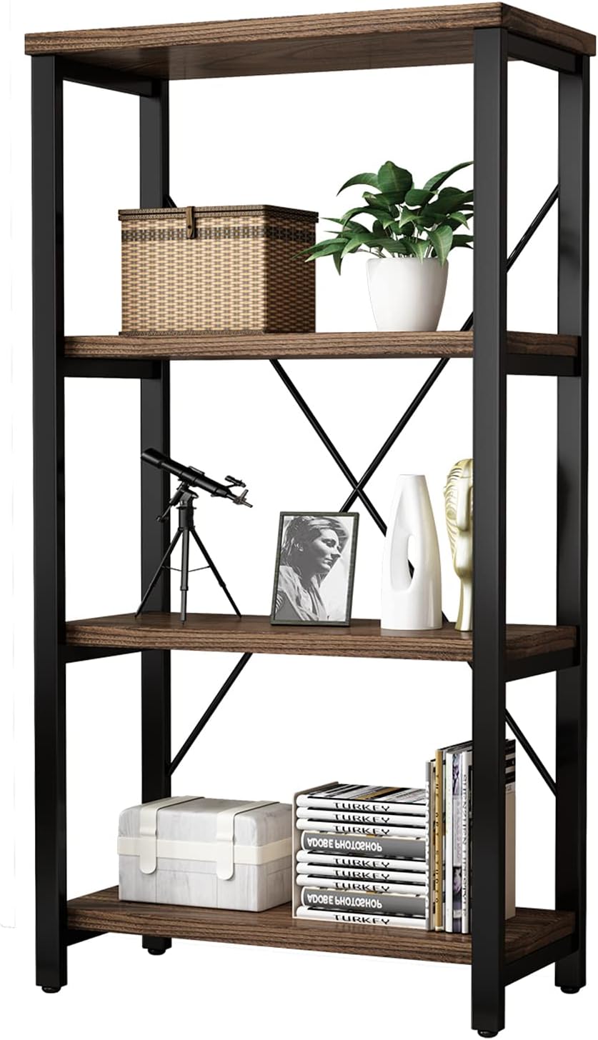 AY-AOYUAN 4 Tier Bookshelf, Solid Wood Bookcase Shelf Storage Organizer, Vintage Storage Rack with Open Shelves Rustic Standing Bookshelves for Living Room,Bedroom Rustic Brown(AY01-4tier)