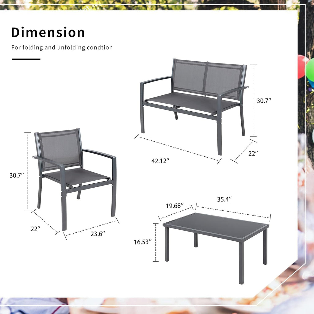 Shintenchi 4 Pieces Patio Furniture Set All Weather Textile Fabric Outdoor Conversation Set, with Glass Coffee Table, Loveseat, 2 Single Chairs for Home, Garden, Lawn, Porch（Gray）