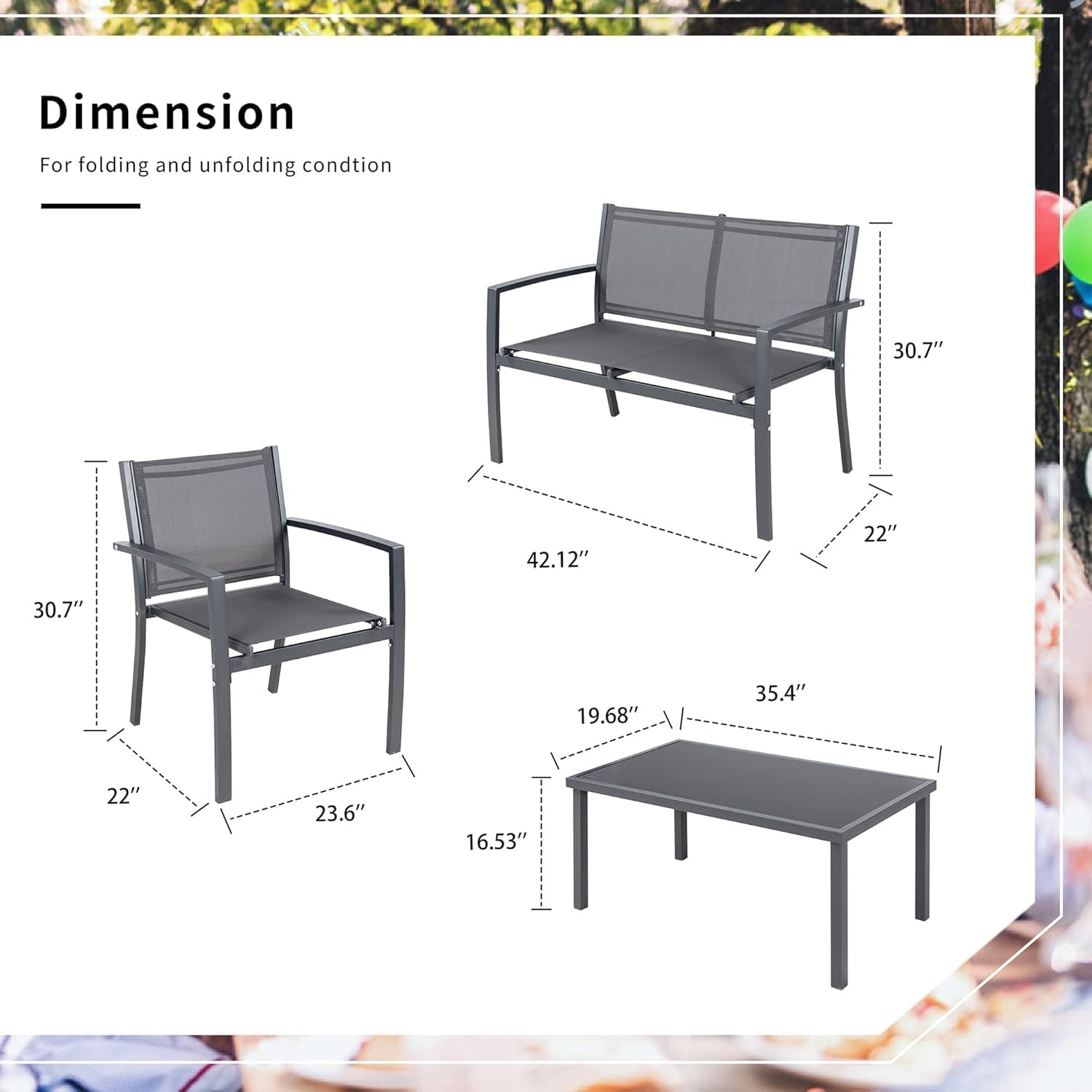 Shintenchi 4 Pieces Patio Furniture Set All Weather Textile Fabric Outdoor Conversation Set, with Glass Coffee Table, Loveseat, 2 Single Chairs for Home, Garden, Lawn, Porch（Gray）