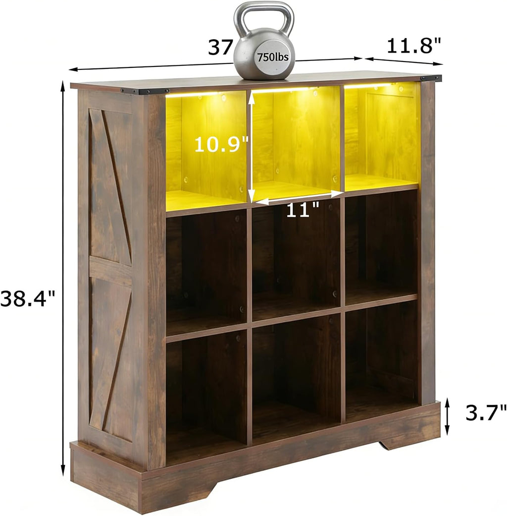 9 Cube Storage Organizer with LED Lights, Wooden Cube Bookcase with Back Panel, Brown Cube Shelf Freestanding Bookshelf, Hallway TV Stand for Living Room, Bedroom, Office