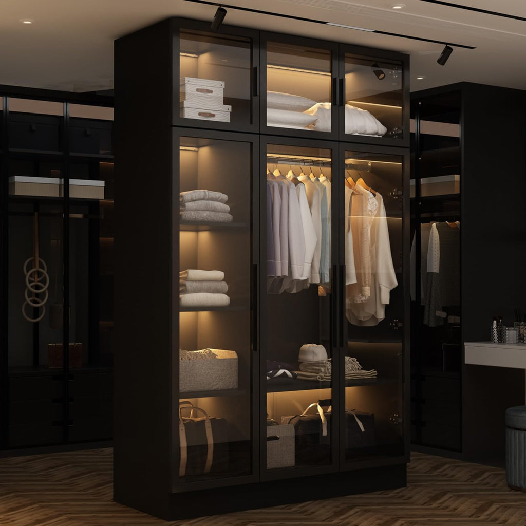 Glass Display Cabinet with LED Lights, Modern Curio Cabinet with Glass Doors, Tall Glass Display Case with Hanging Rod & 5 Tiers Shelf, Large Black Storage Organizer for Collectibles, 47.2' W