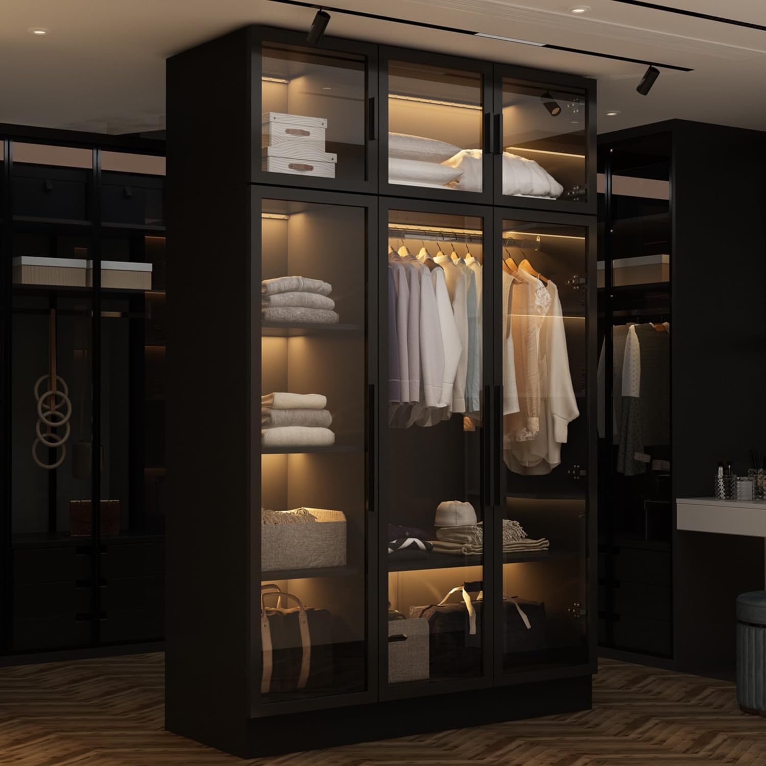 Glass Display Cabinet with LED Lights, Modern Curio Cabinet with Glass Doors, Tall Glass Display Case with Hanging Rod & 5 Tiers Shelf, Large Black Storage Organizer for Collectibles, 47.2' W