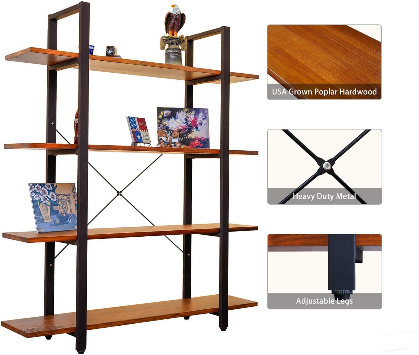 CONSDAN Industrial Bookshelf, USA Grown Hardwood, Real Wood Bookshelves, Modern Open Rustic Bookcase, Storage Shelf, Display Shelf, Poplar Solid Wood-4 Tier Shelf