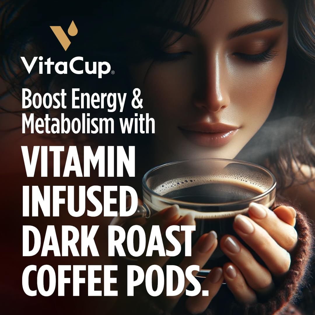 VitaCup Energy Dark Roast Coffee Pods, Boost Focus & Metabolism, Antioxidants, B Vitamins, Bold & Smooth,100% Arabica Coffee, Single Serve Pod Compatible with Keurig K-Cup Brewers,64 Ct