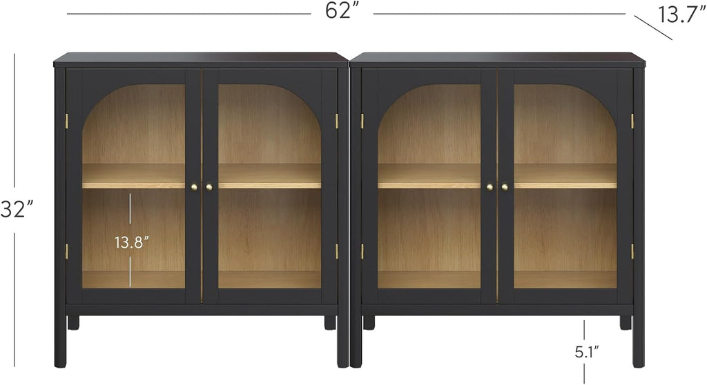 Nathan James Mason Storage Cabinet Accent Sideboard Buffet Credenza TV Stand with Glass Doors and Adjustable Shelf in Black Wood for Dining Room, Entryway and Living Room, Clear Glass/Black, Set of 2