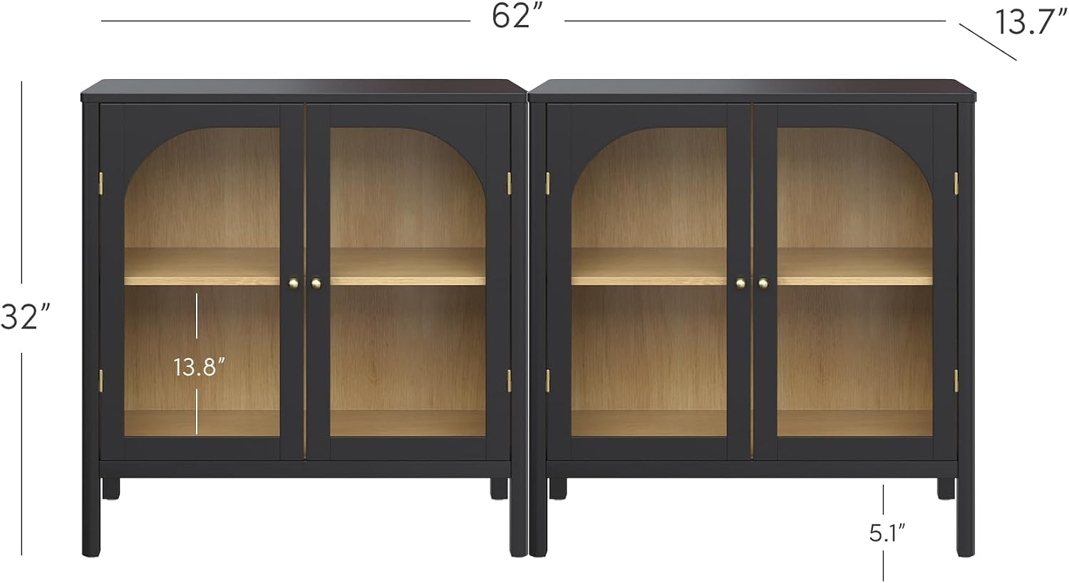 Nathan James Mason Storage Cabinet Accent Sideboard Buffet Credenza TV Stand with Glass Doors and Adjustable Shelf in Black Wood for Dining Room, Entryway and Living Room, Clear Glass/Black, Set of 2