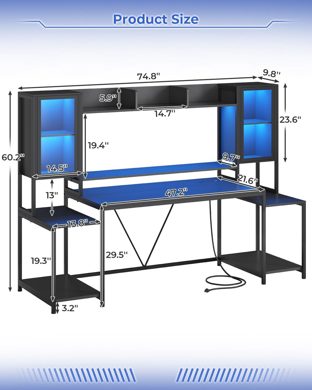 SEDETA Gaming Desk 74.8'' with LED Lights, Hutch and Storage Shelves, Computer Desk with Monitor Stand, Large PC Gamer Desk Workstation, Ergonomic Gaming Table for Bedroom, Living Room, Black