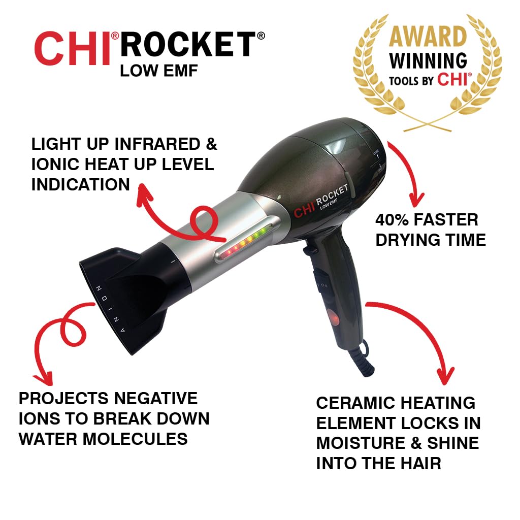 CHI Rocket Hair Dryer, Hair Dryer With Comb & Drying Nozzle Attachment, Quick-Drying For Shiny, Frizz-Free Hair, Lightweight & Low EMF