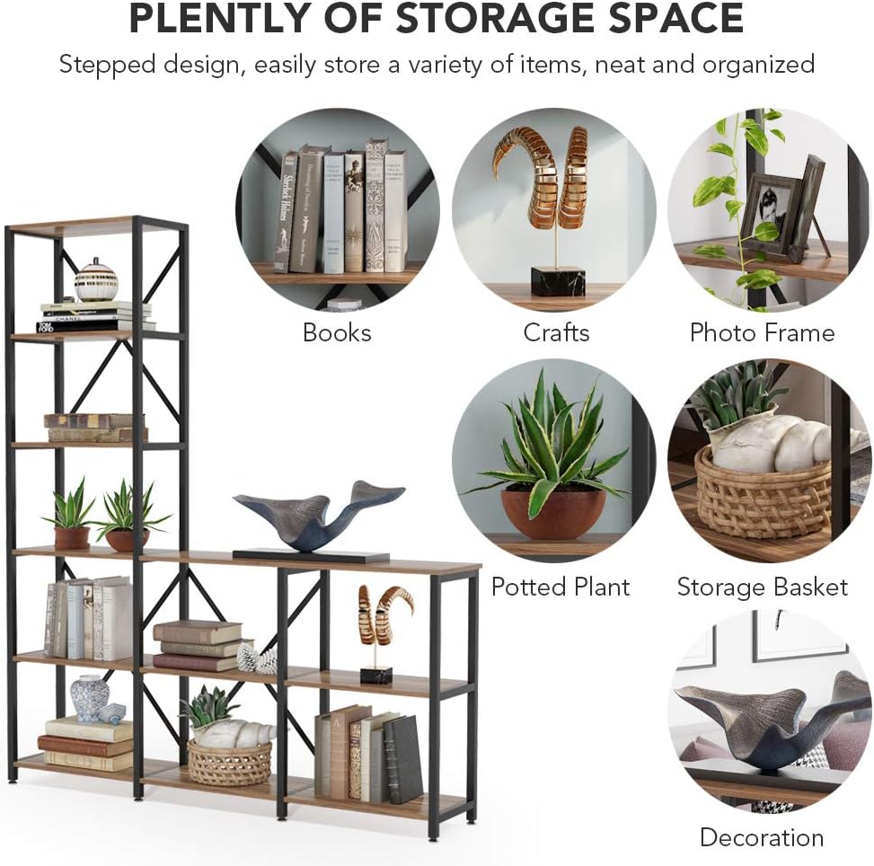 Tribesigns Modern 9 Shelves Bookshelves, Industrial Stepped Ladder Corner Etagere Bookcase, Rustic 6-Tier Display Open Shelf Storage Organizer for Living Room