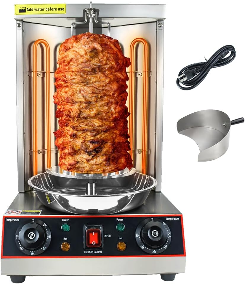KOOTEN Shawarma Grill Machine Electric Vertical Kebab Gyro Grill Machine Rotisserie Broiler Machine with 2 Burners and Meat Catch Pan, 3000W