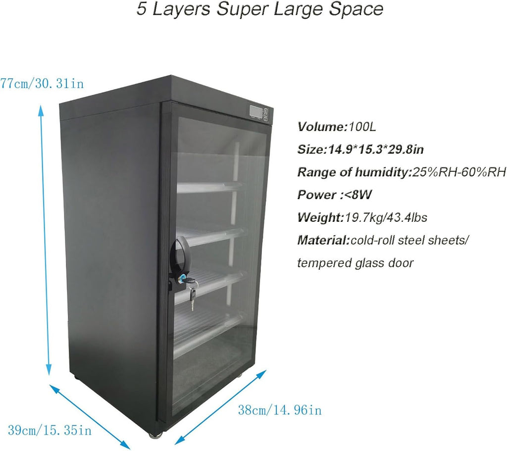 INTBUYING Camera Dry Cabinet 100L 5 Layers Camera Storage Dehumidifier with Lock Electronic Equipment Lens Intelligent Temperature Humidity LED Screen Noiseless