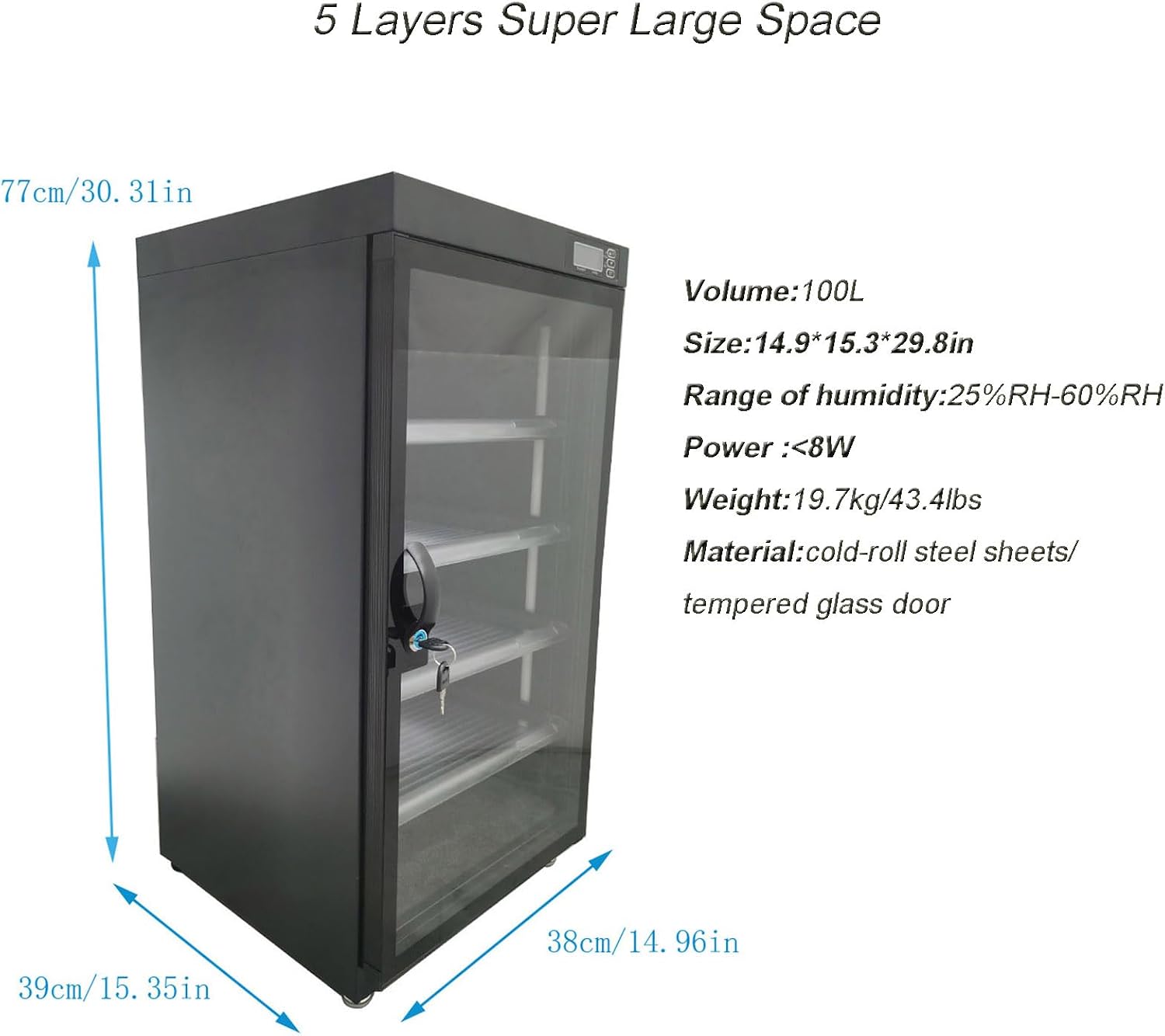 INTBUYING Camera Dry Cabinet 100L 5 Layers Camera Storage Dehumidifier with Lock Electronic Equipment Lens Intelligent Temperature Humidity LED Screen Noiseless