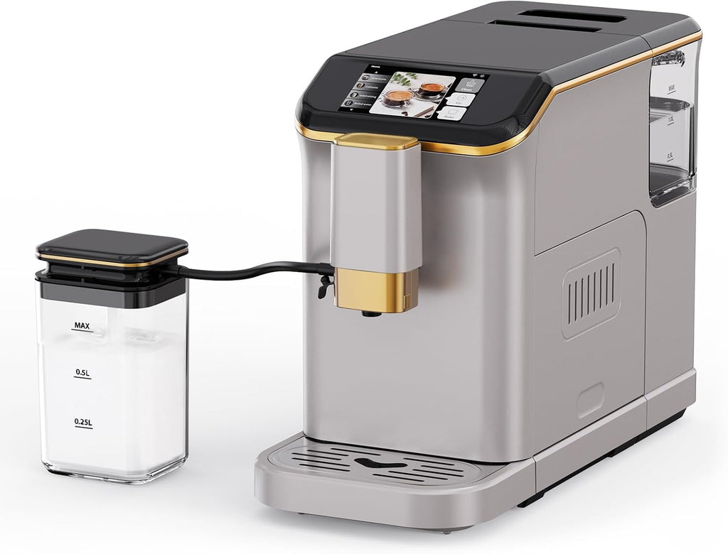 Garvee Fully Automatic Espresso Machine, with Milk Frother, One Touch Recipes, Intuitive Touch Display, 20 Bar Pressur & 15 Grind Settings for Latte, Cappuccino, Espresso, Built-In Grinder