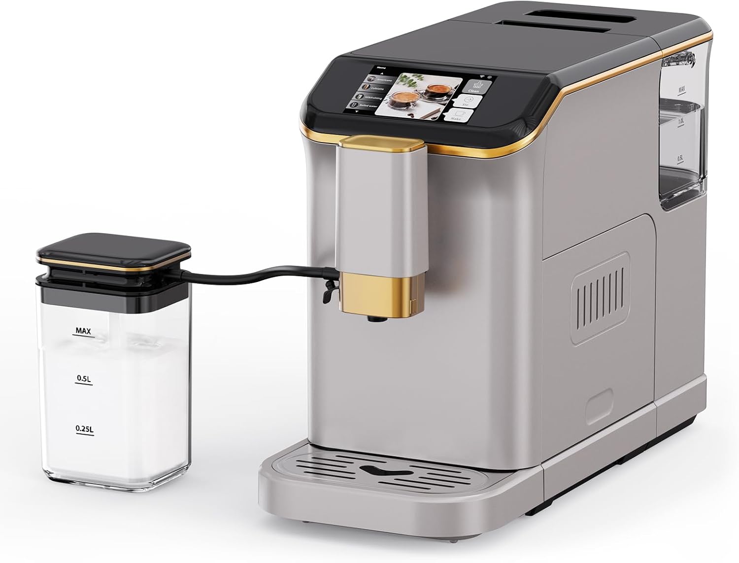 Garvee Fully Automatic Espresso Machine, with Milk Frother, One Touch Recipes, Intuitive Touch Display, 20 Bar Pressur & 15 Grind Settings for Latte, Cappuccino, Espresso, Built-In Grinder