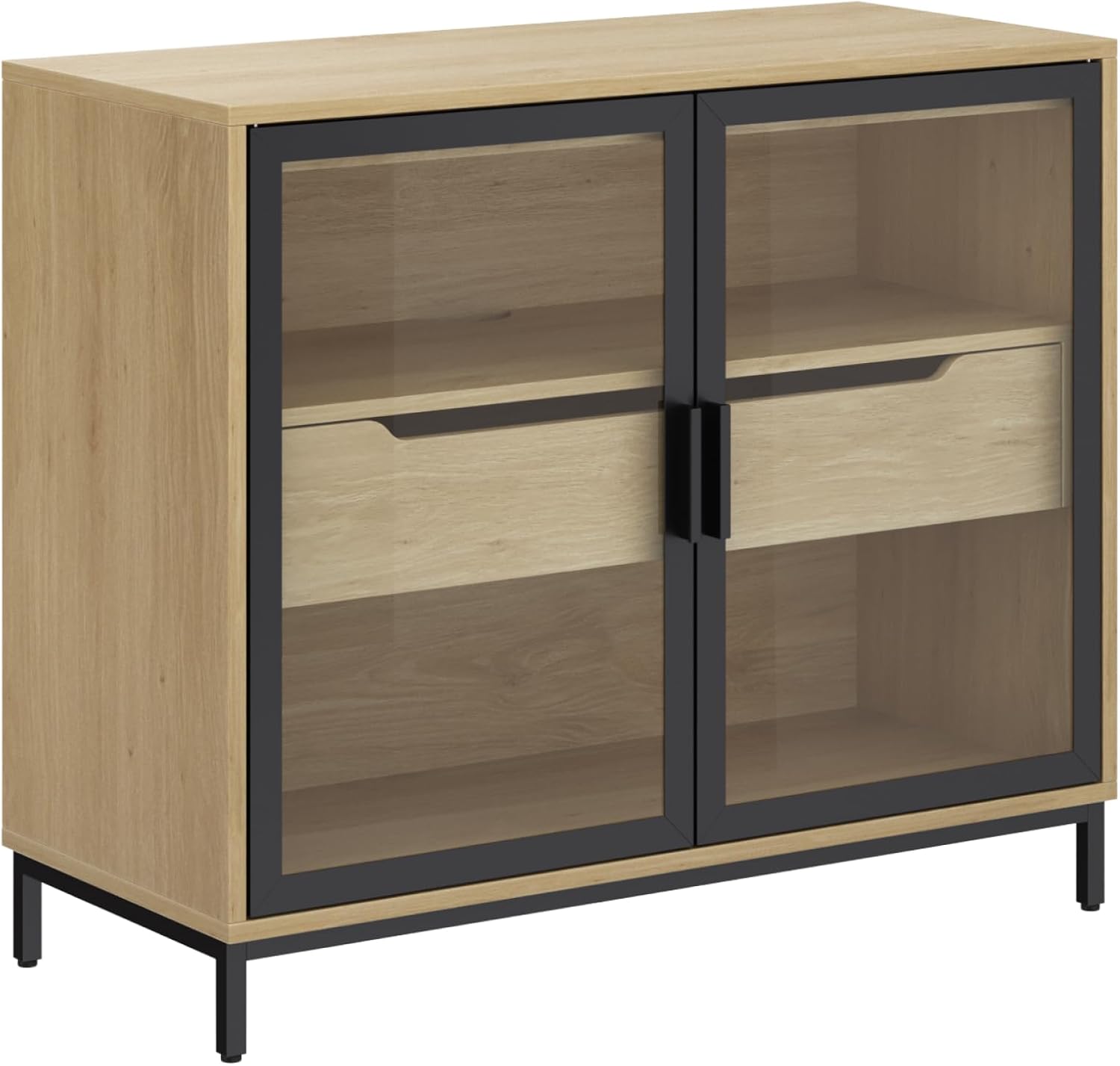 Nathan James Mackenna Metal and Glass Sideboard Accent Cabinet with Two Doors, Oak Credenza for Kitchen or Living Room