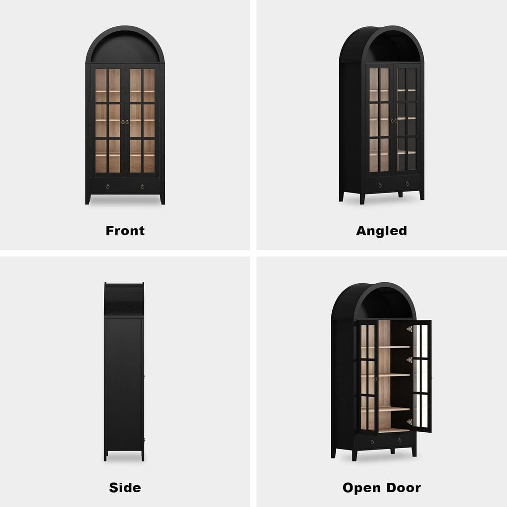 70' Tall Arched Cabinet, Modern Farmhouse Wooden Display Cabinet with Glass Doors, 6 Tier Bookshelf with Adjustable Shelves for Living Room, Office, Black