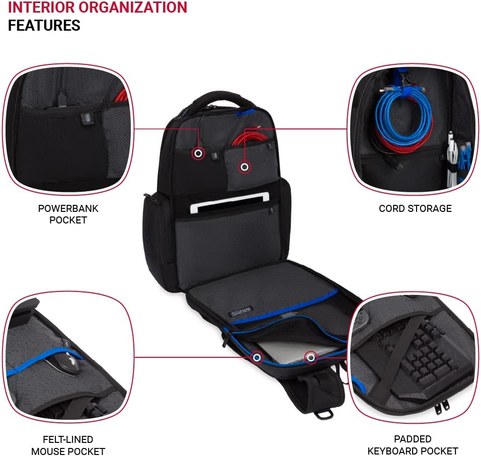 SwissGear Gaming Laptop Backpack with Charger Port (USB), Blue/Black