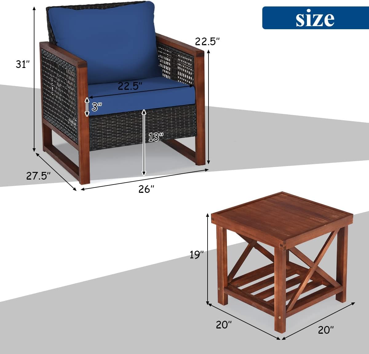 Tangkula 3 Pieces Patio Wicker Furniture Set, Rattan Outdoor Sofa Set w/Washable Cushion & Acacia Wood Coffee Table, Conversation Bistro Set for Garden Balcony Backyard (Blue)