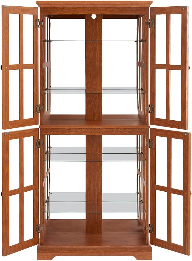 Lighted Glass Curio Cabinet with Lights & Adjustable Shelves,Curio Display Cabinet with Wood Frame & Glass Door,Corner Antique Display Case for Kitchen,Living Room,Office