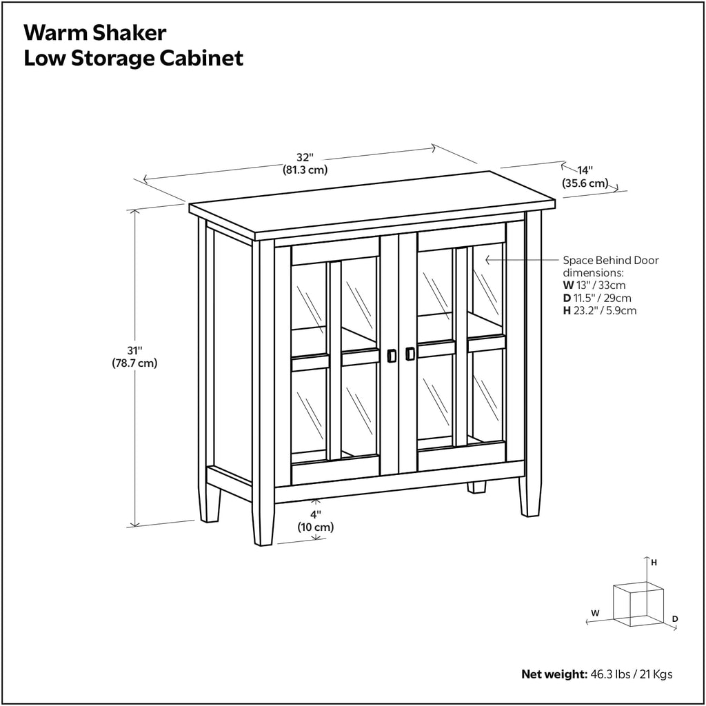 SIMPLIHOME Warm Shaker Storage Cabinet - 32 inch Wide Solid Wood 2-Shelf Low Storage Cabinet in Tobacco Brown, Transitional Accent Cabinet for Entryway with Tempered Glass Doors and Shelves