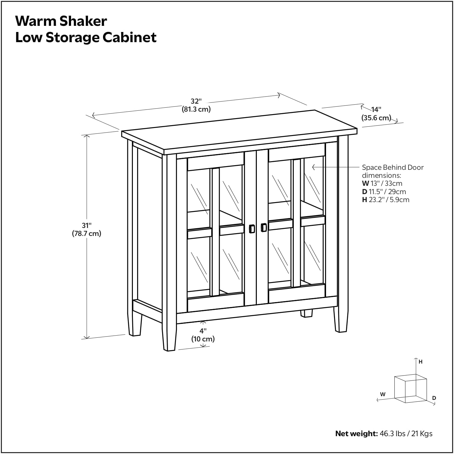 SIMPLIHOME Warm Shaker Storage Cabinet - 32 inch Wide Solid Wood 2-Shelf Low Storage Cabinet in Tobacco Brown, Transitional Accent Cabinet for Entryway with Tempered Glass Doors and Shelves