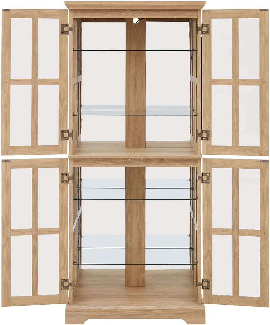 Lighted Glass Curio Cabinet with Lights & Adjustable Shelves,Curio Display Cabinet with Wood Frame & Glass Door,Corner Antique Display Case for Kitchen,Living Room,Office