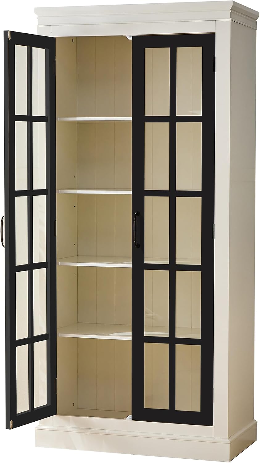 Merax 71.2' Tall Display Cabinet with Glass Doors,Rustic Style China Cabinet,Curio Cabinet for Collectibles Figures Trophies for Hallways Living Room, Kitchen, Home, Studio or Workspace,White & Black
