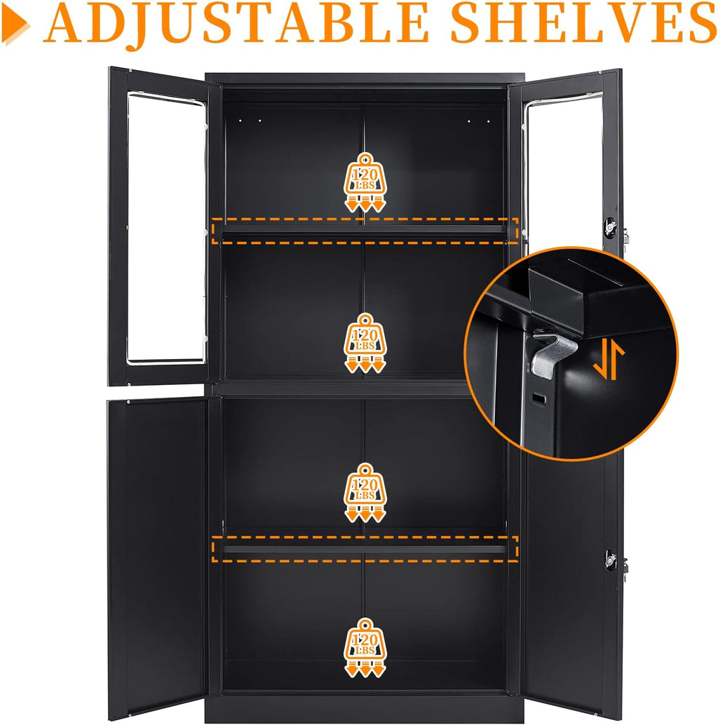 Black Metal Storage Cabinet with Glass Doors, 71' Locking Glass Door Cabinet with 2 Adjustable Shelves, Steel Storage Cabinet with 4 Doors for Home, Living Room, Bathroom