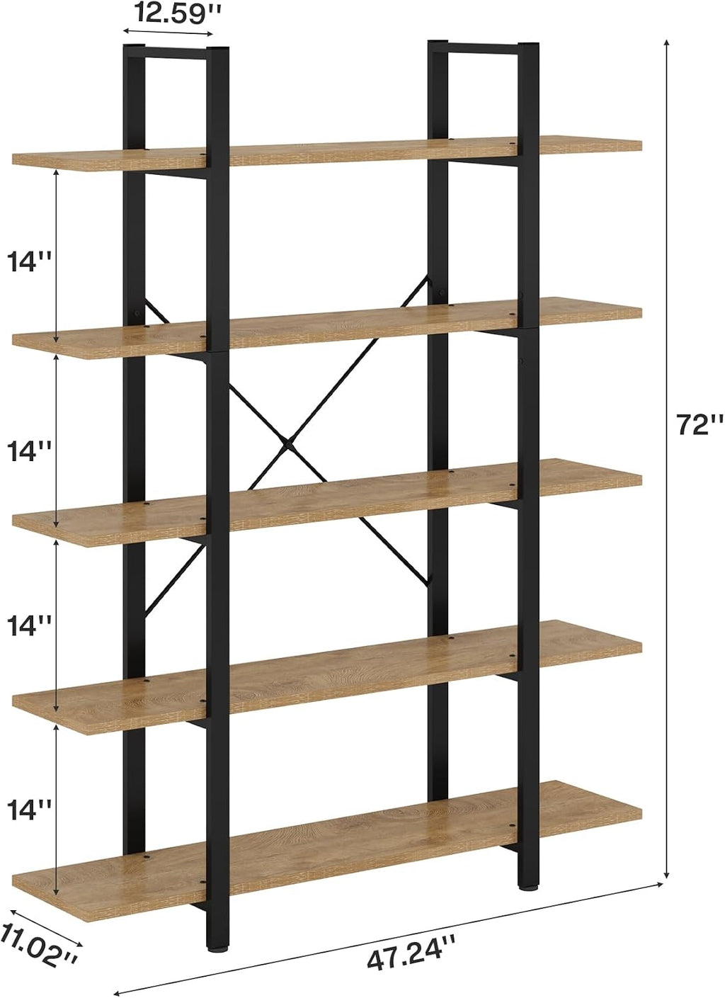 Tribesigns 5-Tier Bookshelf, Vintage Industrial Style Bookcase 72 H x 12 W x 47L Inches (Beige)